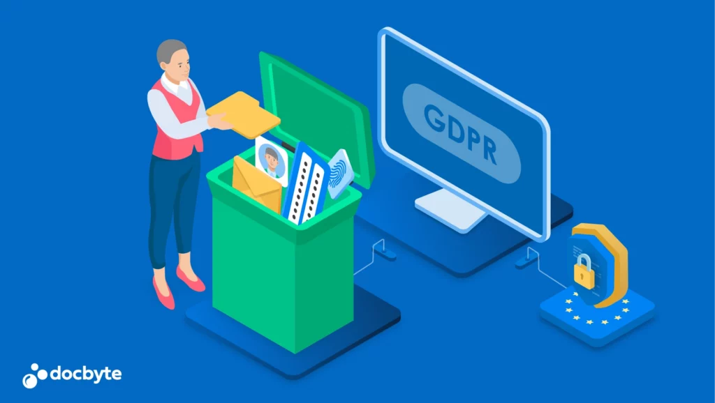Afbeelding van Persoon die dossiers in een beveiligd archief plaatst naast een GDPR-scherm